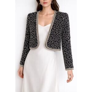 1980s Leslie Fay Silk Beaded Pearl Trim Evening Bolero Jacket M